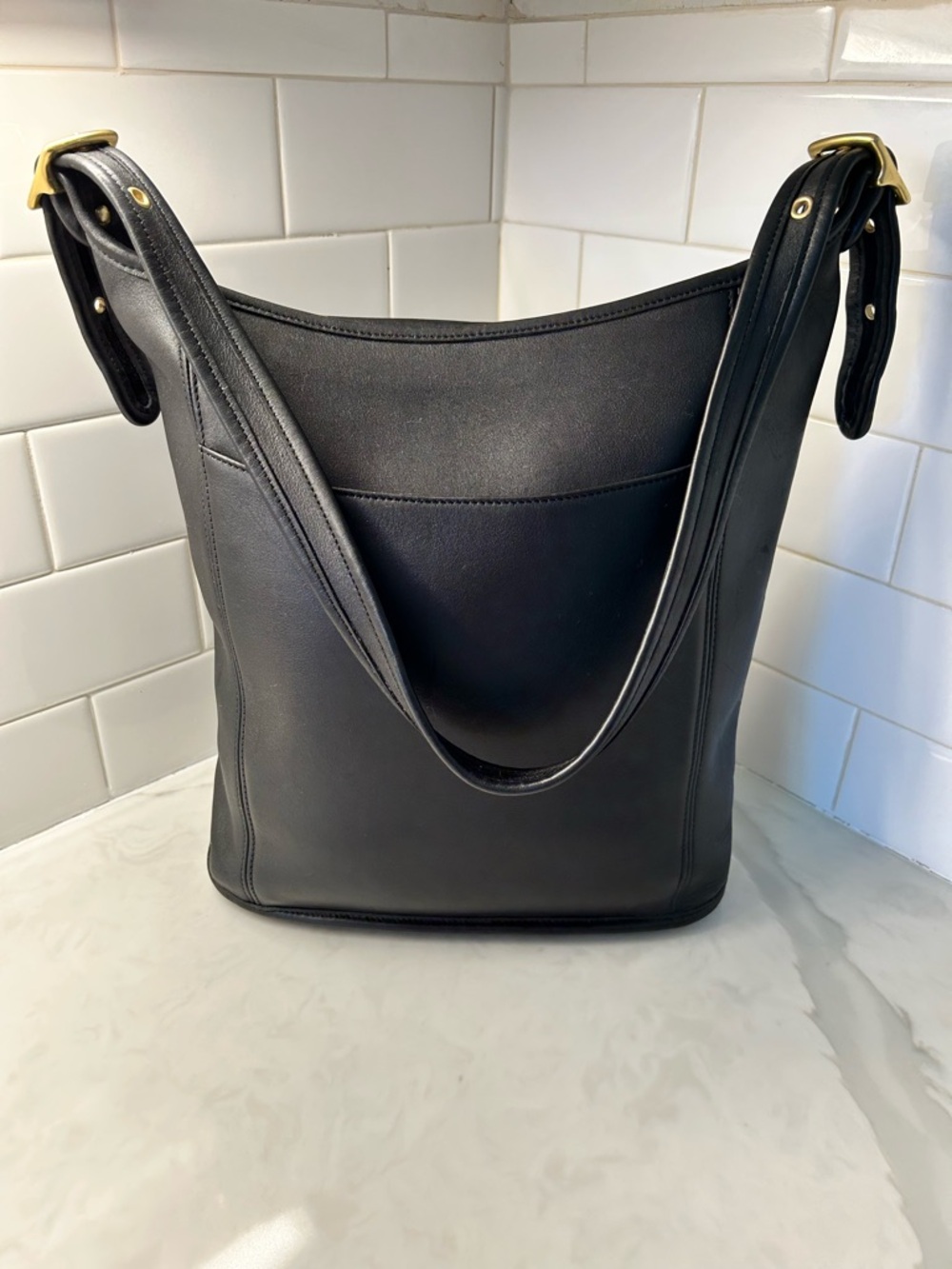 Vintage Coach 9060 Slim Duffle Sac Black Leather Bucket Shoulder Bag